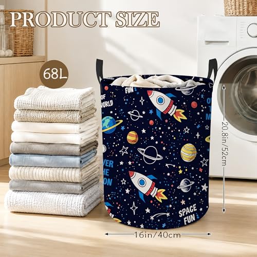 Image of Laundry Hamper, Rocket Space Collapsible Planet Stars Laundry Baskets Waterproof Oxford Cloth With Handles, Clothes Storage Bucket For Bathroom /Bedroom 16 inch x 20.8 inch