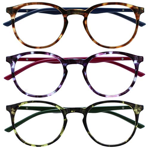 OPULIZE Met Gafas de Lectura 3-Pack Montura Redonda Marrón Morado Verde Resistente a Arañazos Bisagras de Muelle Ordenador Gaming Antirreflejante Hombre Mujer RRR60-256 +1.50