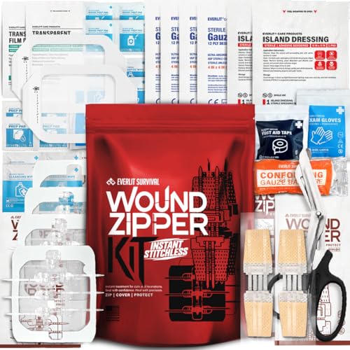 EVERLIT Wound Closure Kit | Surgical Zip-Stitch Devices for Cut & Laceration | Sterile, Suture-Free, Stitch-Less Adhesive Butterfly Bandages for Emergency First Aid Wound Care (6 Zip Complete Kit)