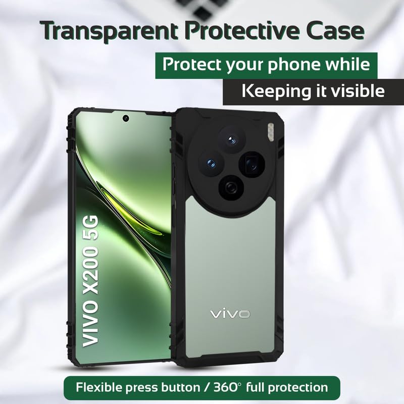 Image of AIBEX Crystal Clear Back Cover Case for Vivo X200 5G| 360 Degree Protection | Shock Proof Design | Transparent Back Case for Vivo X200 5G (PC & TPU, Black Bumper)