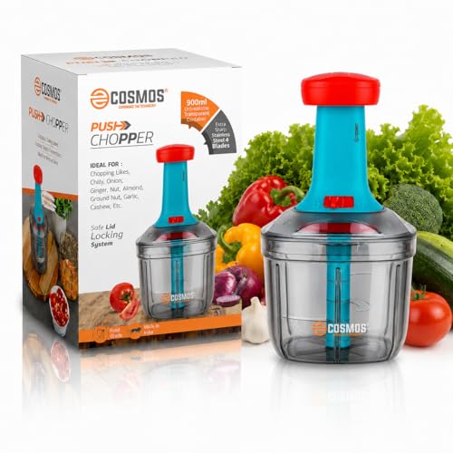 Image of E-COSMOS 2 in 1 Food Chopper Manual Hand Press Push Chopper with 4 Blades for Effortless Chopping Vegetables & Fruits with Mixi Blade for Lassi /Butter Milk (900 ml, Plastic)
