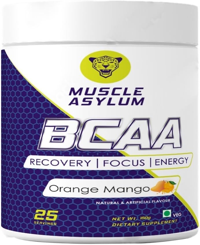 Muscle Asylum Bcaa Powder – 0g Sugar Pre/Post & Intra Workout Muscle Recovery Drink with Amino Acids (Orange Mango) - 3g of BCAAs With Nootropics Matrix for Men & Women – (25 Servings)