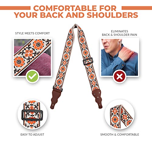 Orange Flowers Woven Guitar Strap Classic Vintage 70'S Guitar Strap. Adjustable Guitar Strap W/ Free Bonus 2 Picks + Strap Locks + Strap Button. Best Gift For Bass, Electric & Acoustic Guitar #TOP7