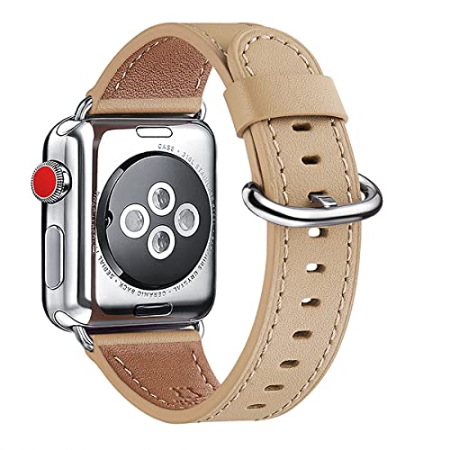 WFEAGL Compatible iWatch Band 42mm 44mm 45mm, Top Grain Leather Bands of Many Colors for iWatch SE & Series 7,Series 6,Series 5,Series 4,Series 3,Series 2,Series 1 (Camel Band+Silver Connector, 42mm 44mm 45mm)