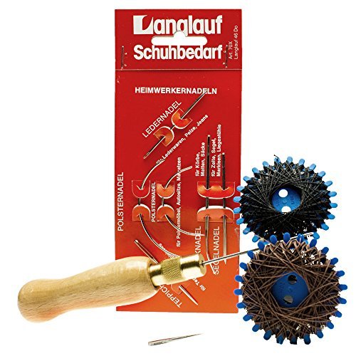 Alêne de couture kit pour cuir et tissus, blister avec 6 différentes aiguilles, crochet aiguille et fil/filets (noir et brun) by Langlauf Schuhbedarf
