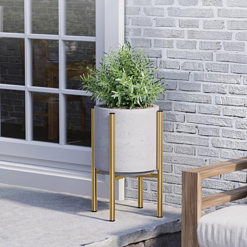 Rioneta Adjustable Metal Plant Stand Indoor Fits 8-14 Inch Pots Mid Century Modern Gold Planter Holder 2 Heights Heavy Duty 160 lb Indoor Outdoor Corner Floor Pot Stand Golden with Round Plate