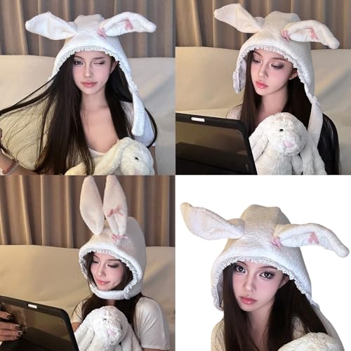 Furry Cartoon Head Covering with Ear for Girls Cartoon Rabbits with Lace Brim Oversized Headgear Hat Photo Props2