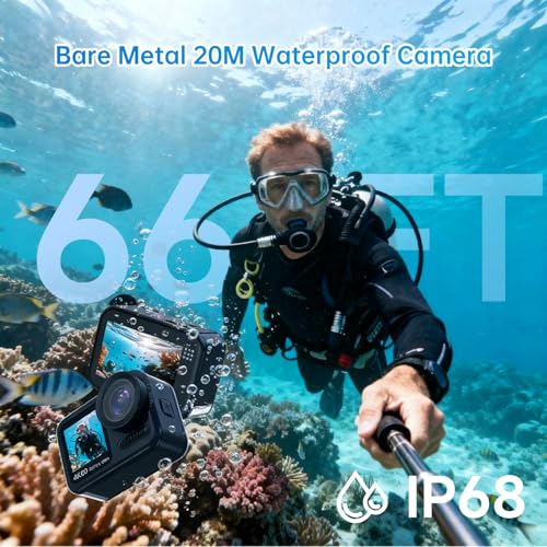 Image of 4K 60FPS Waterproof Action Camera, Bare Metal 66FT Underwater Camera, 2 inch Touch Dual Screen Sports 6-Axis Stabilization,2 Batteries Internal Microphone Vlog Camera for Diving Cycling Outdoor