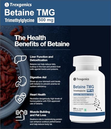 Image of Trexgenics BETAINE - TMG (Trimethyglycine) 500 MG Homocysteine Balance, Liver Care, Athletic Performance Support (60 Veg Capsules) (Pack of 1)