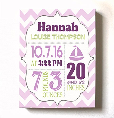 Personalized Stretched Canvas Birth Announcement Gift, Custom Baby Name, Date, Weight Stats, Newborn Sailboat Nursery Wall Art Decor, Wooden Frame Construction, Ready to Hang 8X10