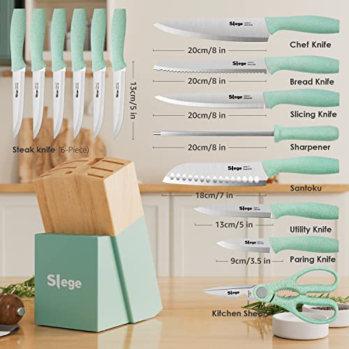 Slege 15Pcs Kitchen Knife Set With Block, Sharpener And Scissor, Stainless Steel Knives With Extre-Light Straw Handle #TOP1