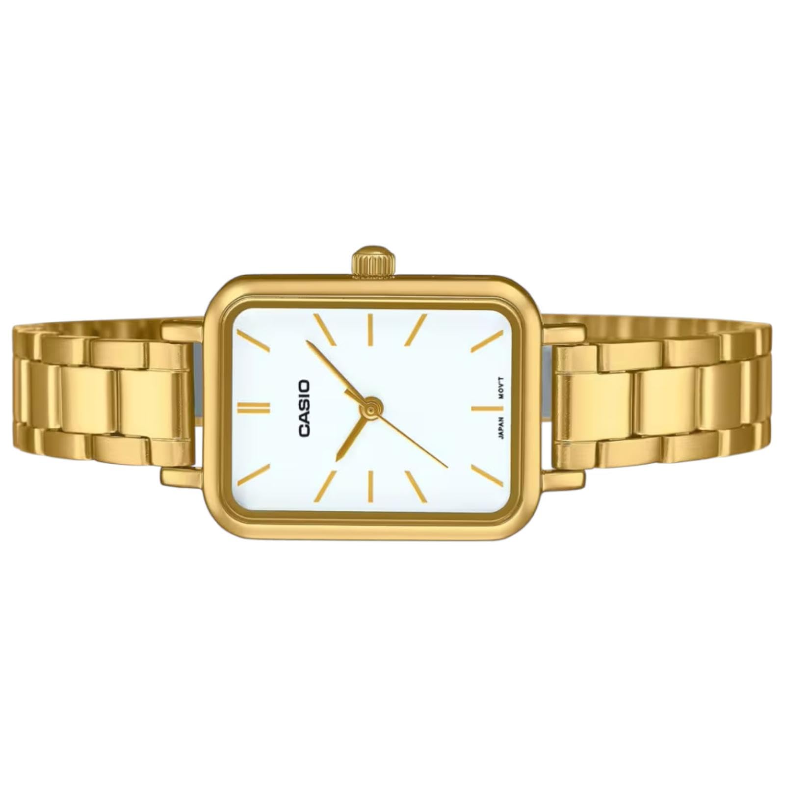 Casio LTP-V009G-7E - Orologio da donna rettangolare in acciaio inox, quadrante bianco, quadrante dorato, movimento al quarzo, Oro