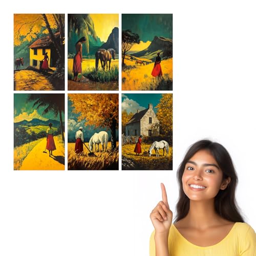 Image of SiddArtify Vintage Landscape Wall Art Prints Set - Woman and Horse Poster Decor for Living Room Bedroom Office - 8x12 inch Board Pack of 6
