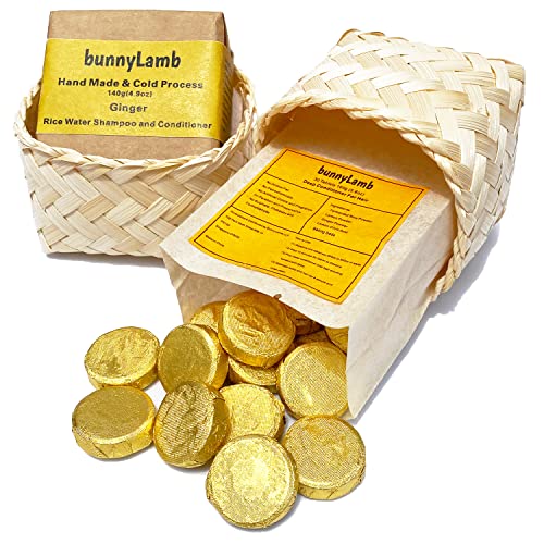 Bunny Lamb Rice Water 2 in 1 Shampoo and Conditioner Bar for Hair Growth plus 30 Deep Conditioner Tablets Set - Cold Process Unscented with Ginger for Nourishing Scalp and Hair - 300g (10.5oz)