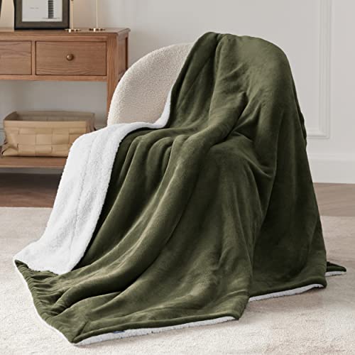 Image of Bedsure GentleSoft Sherpa Fleece Throw Blanket for Couch, Non-Heated, Thick and Warm Throw for Women and Men, Soft Fuzzy Plush Blanket for Winter, Olive Green, 50x60 Inches