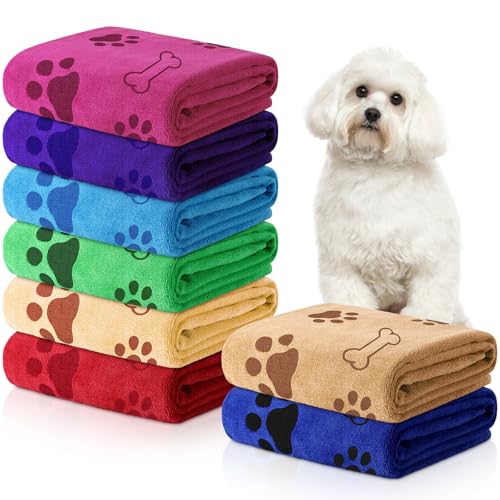Image of 8 Pcs Dog Towel for Drying, 40 x 24 Inch, Dog Paw and Bone, Bright Color
