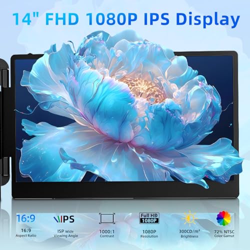 Image of Laptop Screen Extender Travel Monitor - 14 inch Dual Portable Monitor IPS FHD 1080P Travel Work Extra Screen Plug n Paly USB-C HDMI Port Compatible with Wins Mac Chrome Dex Fits 13-17 inch Laptops