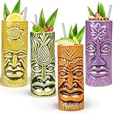 SuproBarware Juego de 4 Tazas Tiki de Cerámica, Vasos para Cócteles Exóticos con Pajitas, Jarra para Fiesta Hawaiana de Mai Tai y Piña Colada, Barra Profesional