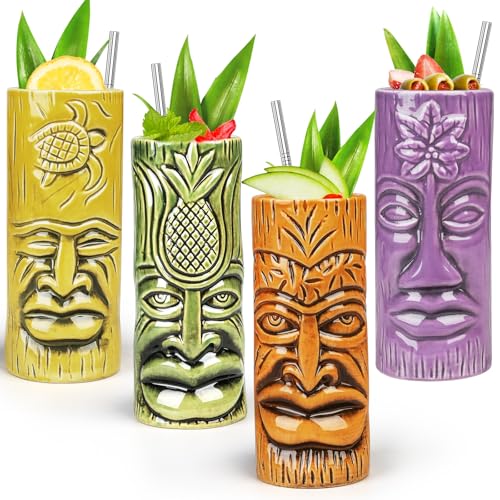 SuproBarware Set da 4 Tazze Tiki in Ceramica, Bicchieri per Cocktail Esotici con Cannucce, Calici per Festa Hawaiana per Mai Tai e Pina Colada, Attrezzatura da Bar Professionale