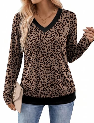 Sampeel Leopard Print Tops for Women V Neck Long Sleeve Tunic Shirts L - image 1