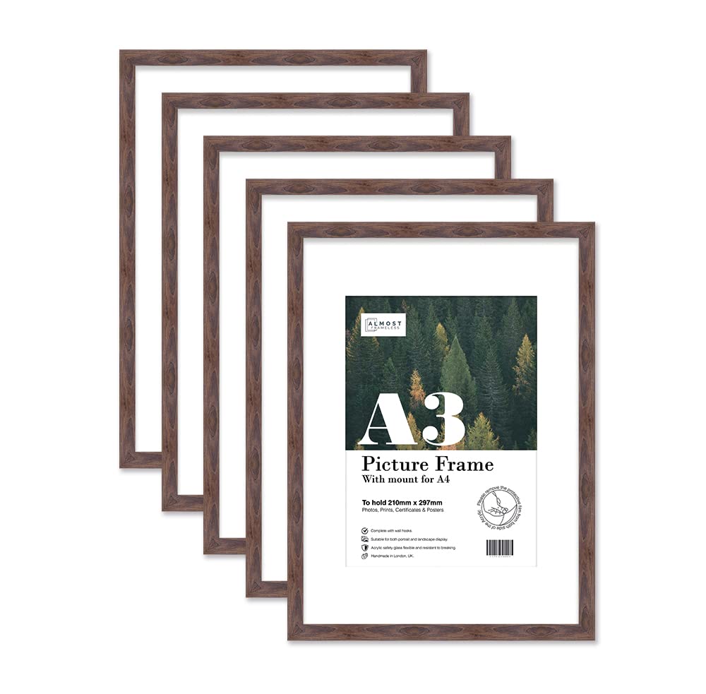 Almost Frameless A3 Walnut Picture Frame Set of 5, Display A4 Pictures with Mount or A5 Without Mount Gallery Wall, Poster, Photo, Artwork, or Print, Walnut — image 1