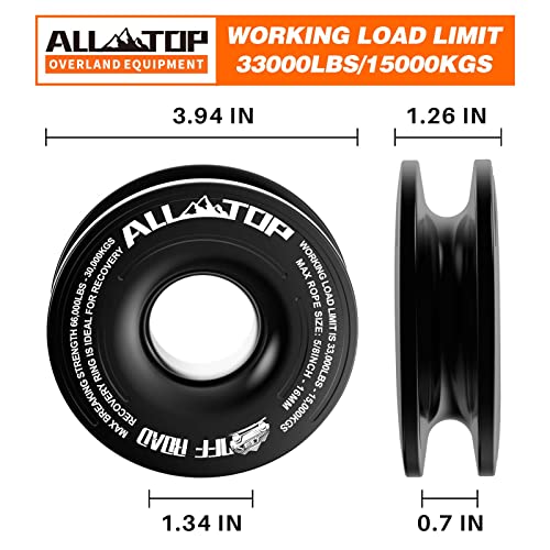 ALL-TOP Recovery Ring 66000 LBS Winch Snatch Towing Ring, Tackle Pulley System, Rope Retention Safety Strap Included, Black