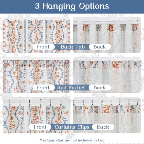 Image of Yinhua Boho Curtains for Living Room 84 Inch Length Vintage Linen Curtains for Bedroom Light Filtering Window Curtain Rod Pocket & Back Tabs Rustic Tassel Drapes with Tiebacks, Blue Orange Floral