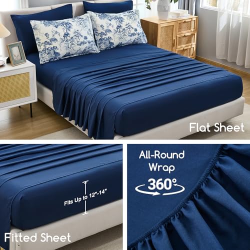 Image of DJY Navy Blue Comforter Set Queen Size,7 Pieces Bed in a Bag Botanical Comforters with Sheets Elegant Plants Print Soft Microfiber Reversible Complete Bedding Sets for All Season
