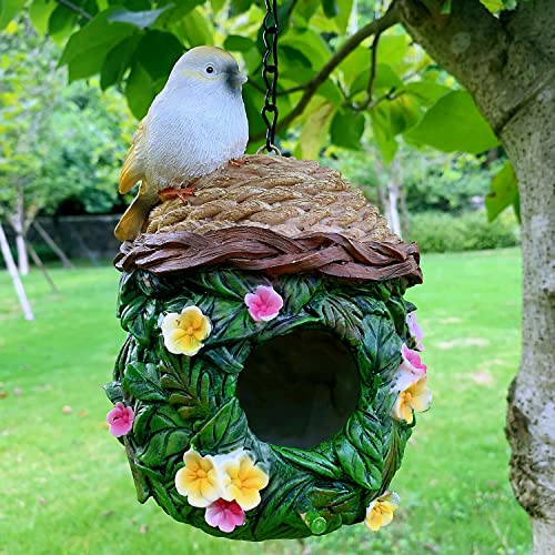 iRonrain Statues De Jardin Nichoir Style Châtaignier à Suspendre Nichoir en Résine avec Interrupteur Propre, Chalets De Campagne Nid D'oiseau pour Intérieur, Extérieur, Cour, Décoration d'arbre Cover