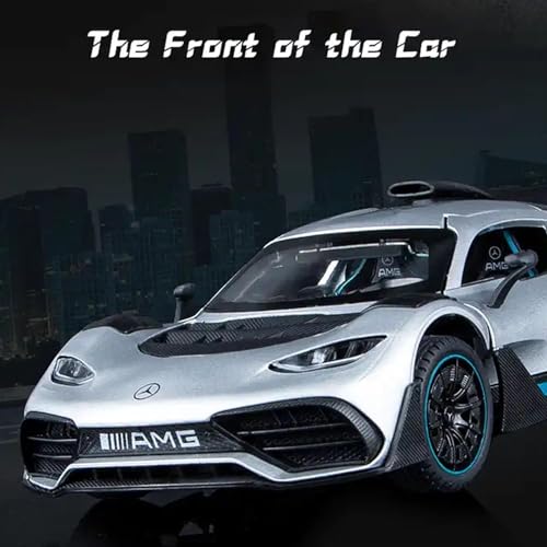 Image of 1:24 AMG ONE Diecast Metal Car Pull Back Alloy Model Toy with Openable Doors Lights & Sound Realistic Collectible Supercar Gift for Kids Boys & Car Enthusiasts (Silver)