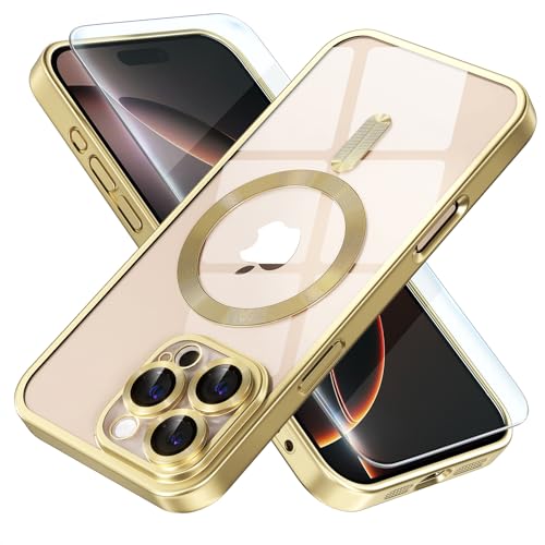 Image of Misea Magnetic for iPhone 16 Pro Max Case Compatible with MagSafe | Never Yellowing, Military Drop Protection, Full Camera Lens Protector Plating Soft Clear Phone Case Women, Titanium Gold
