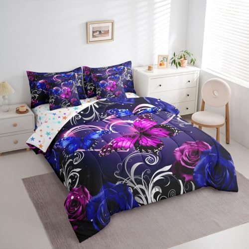 Image of Feelyou Cute Butterfly Comforter Set with Sheets 7 Piece King Size 3D Butterflies Bed in a Bag Kids Boys Girls Galaxy Dreamy Bedding Set Glitter Rose Floral Microfiber