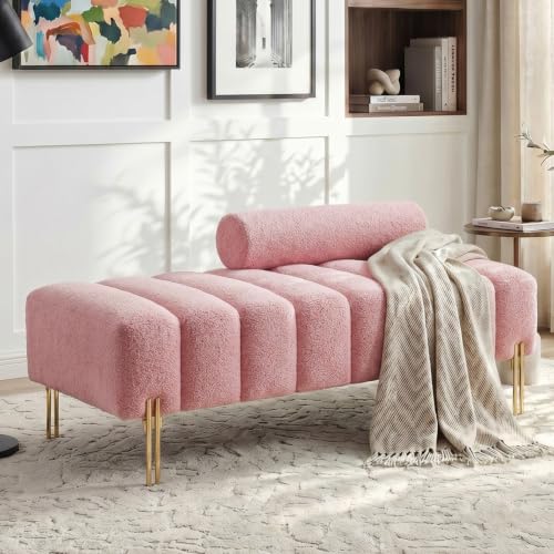 Sudwesto 53.2 Width Ottoman Bench Teddy Upholstered Loveseat Sofa Couch with Metal Legs Comfy Accent Sofa with Adjustable Backrest End of Bed Bench for Bedroom Entryway(Rose-Teddy)