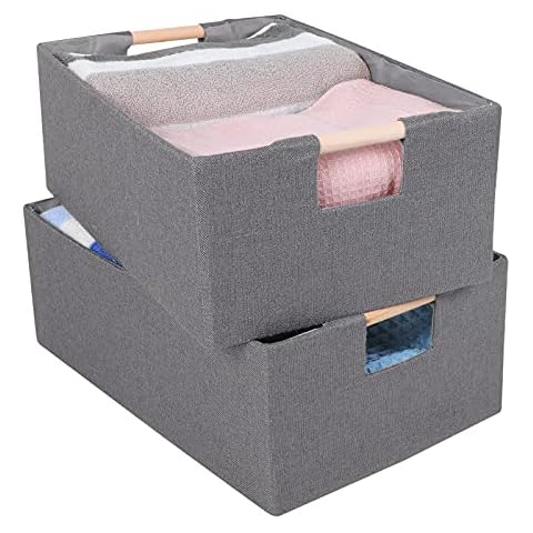 ANMINY 2PCS Storage Baskets for Organizing Collapsible Fabric Storage Bins Boxes with Wood Handles Closet Shelves Cube Organizer Bins Clothes Laundry Storage Container - Medium, Gray Cover