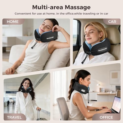 Image of Travel Neck Pillow with Massage & Heat, U-Shaped Neck Massager with 8-Point Vibration, Eye Mask and Earplugs Set - Ergonomic Memory Foam, Ideal for Travel, Office, Home