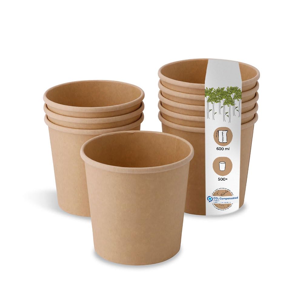 BIOZOYG Taza Bio orgánica de cartón Kraft I taza compostable con recubrimiento Taza Sopera de Cartón To Go Taza para Helado I 500 Vasos orgánicos desechable biodegradable 600 ml