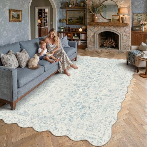 PureCozy 9x12 Scalloped Blue Large Area Rug Non Sl
