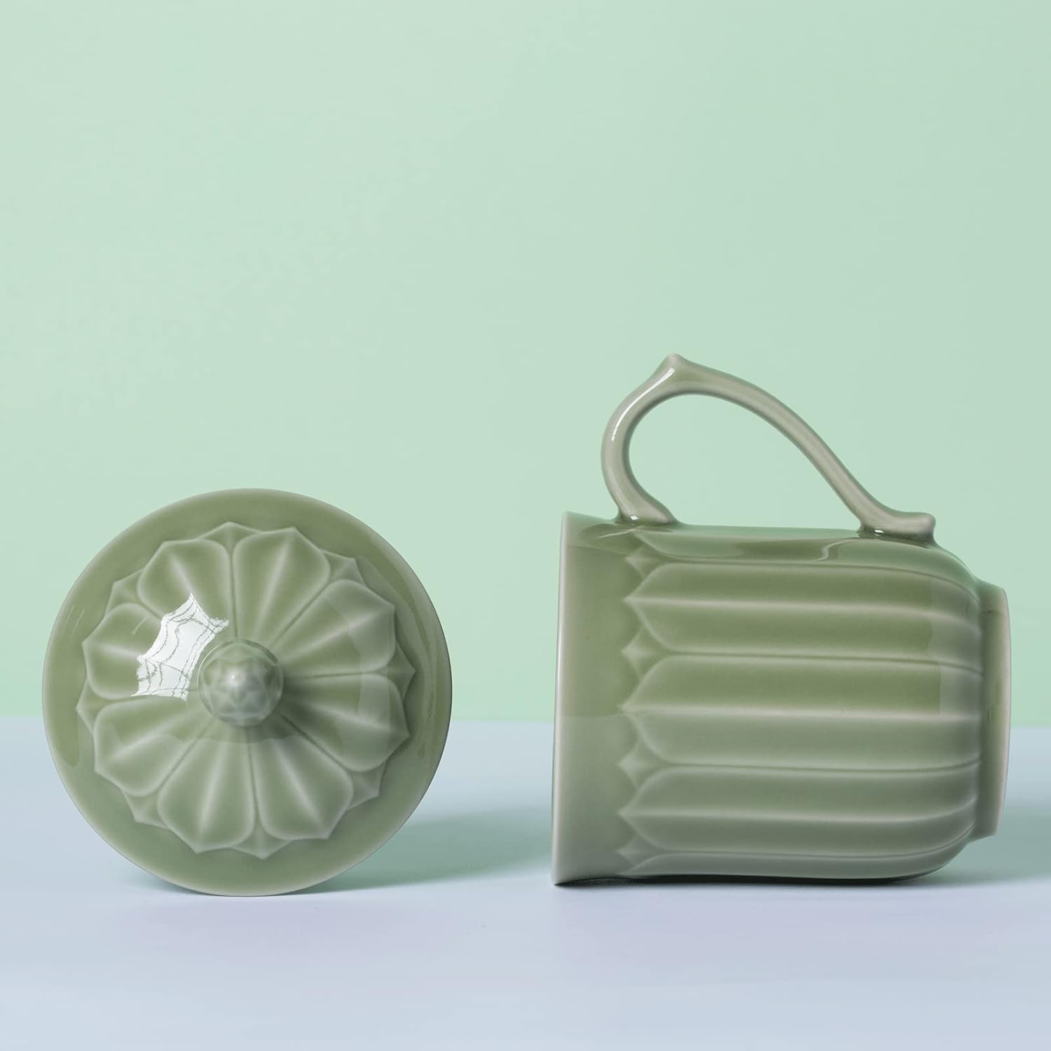 Porcelain Lotus Tea Cup with Lid and Handle, 12 oz Unique Coffee Mug, Microwave Dishwasher Safe, Gifts for Women and Men, Aesthetic Chinese Celadon 1 Pack (Kiwi Green) - Image 3