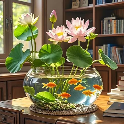 10-Inches Large Lotus Bowl Planter Clear Glass Lotus Flower Succulent Bowl Indoor Hydroponic Aquatic Plant Bonsai Terrarium Table Centerpiece Lotus Pot Can Double As a Fish Tank (Large)