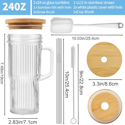 ALINK Bicchieri in vetro a coste da 24 oz con coperchio e cannuccia, 2 bicchieri in vetro con manico, riutilizzabili Mason Jar Boba Smoothie Bicchieri - immagine 3