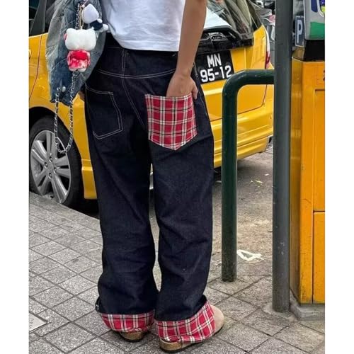 Baggy Jeans Men Casual Two Tone Wide Leg Denim Pants Color Block Plaid Parachute Streetwear for Skater Jeans4