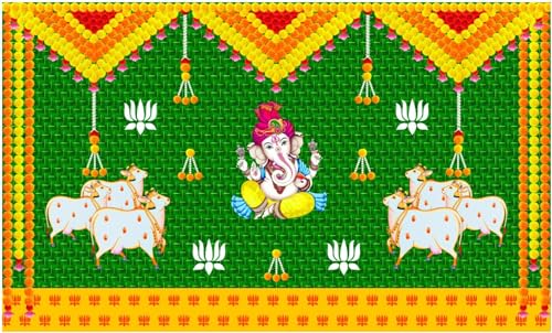 Image of Banana Leaf Decorative Backdrop Cloth for Wedding, Mehndi and Festivals. It's Perfect for Wedding, Party, Newborn Celebration, Haldi, Mehndi and All Other Festive Occasion.(8*5) ft (Design 14)