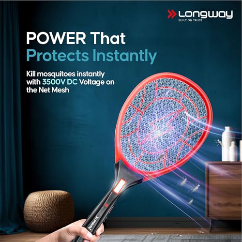 Image of Longway Zappy Rechargeable Mosquito Killer Racket Built in COB Light | 3500V DC Voltage on The Net Mesh| Mosquito Bat | 1 Month Stand by 500mah Long Lasting Internal Battery (Black)