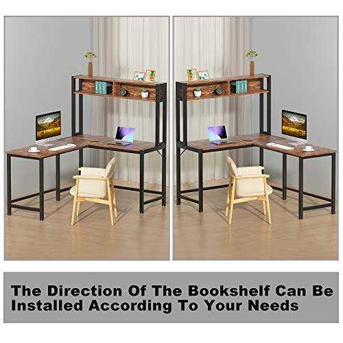 L-Shaped Desk with Hutch, 55 Inch Corner Computer Desk Gaming Table Workstation with Storage Shelves Bookshelf, Study Writing Space Saving Desk for Home Office (Rustic)