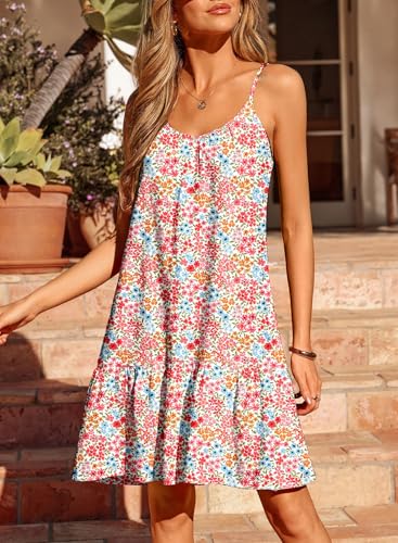 Image of Dokotoo Summer Dresses for Women 2026 Spaghetti Strap Sexy Deep V Neck Smocked Ruffle Flowy Boho Dresses