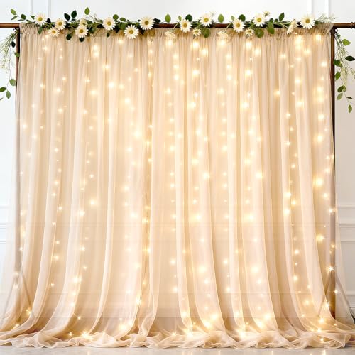 Ledido 10×10ft Champagne Tulle Backdrop Curtain with Light String - 600LED Fairy Light Sheer Curtain Backdrop for Weddings Baby Shower Photo Shoot Birthday Party Decoration(4 Panels 5×10ft)， Champagne