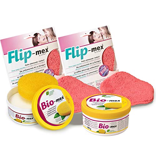 Bio-mex® Detergente Universale 300gr (2 pz) e Panni Spugna Microfibra Flip-mex (2 pz) 16x16cm - Panno Antibatterico