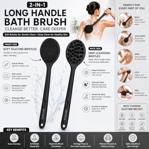 Image of 6-in-1 Silicone Bath and Body Care Combo, Back Scrubber Belt, Long Handle Brush, Body Scrubber, Face Scrubber, Scalp Massager with 4 Hooks