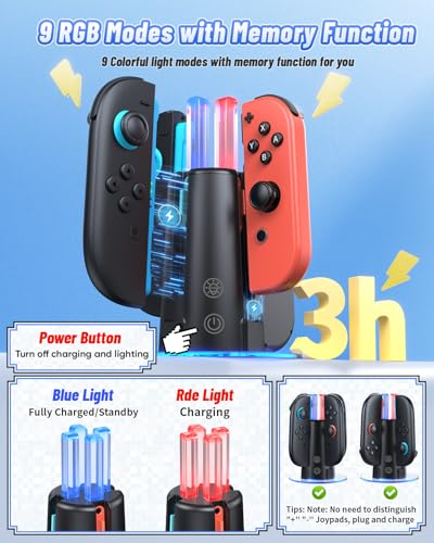 Image of [Switch 1 /2 Compatible] FASTSNAIL Charging Dock for Nintendo Switch 2 /1 for Joycon 2, 8 in 1 Fast Controller Charger Station with 9 RGB Light, Dual-Direction Magnetic Stand for Joycon Accessories
