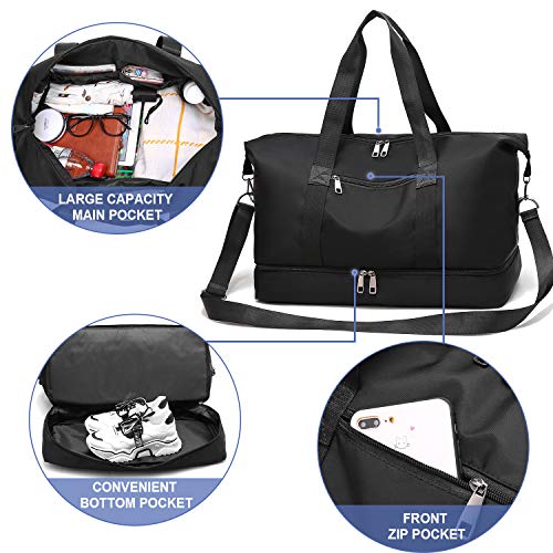 Gym Bag Sports Travel Duffel Bag with Shoes Compartment for Men and Women Lightweight Tote Shoulder Weekender Overnight BagBlack